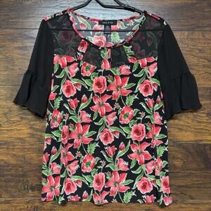 Adele & May Women's Blouse - Colorful Floral Sheer Short Sleeve - Size Large